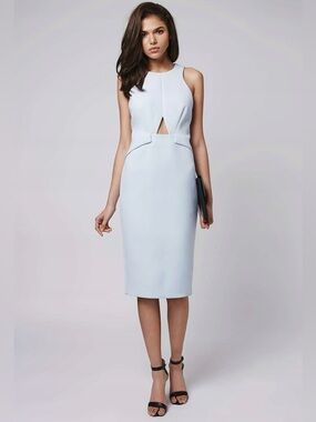 Topshop Light Blue Sculpted Sheath Dress Cutout Waist Minimalist Midi